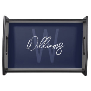 Navy Blue Script Personalized Monogram and Name Serving Tray