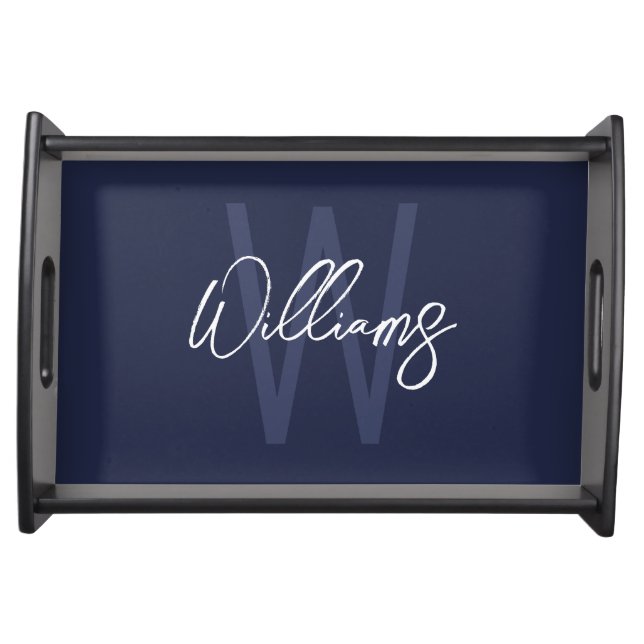 Navy Blue Script Personalized Monogram and Name Serving Tray (Front)