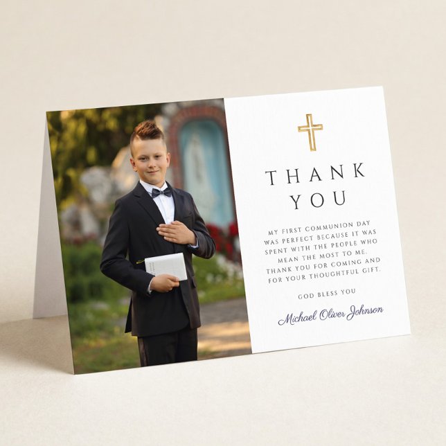 Navy Blue Script Photo Boy First Communion Folded Letterpress Thank You Card (Navy Blue Script Photo Boy First Communion Folded Thank You Card)
