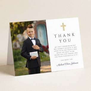 Navy Blue Script Photo Boy First Communion Folded Thank You Card