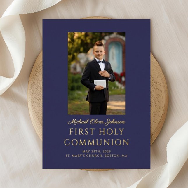 Navy Blue Script Photo Boy First Holy Communion Foil Invitation (Navy Blue Script Photo Boy First Holy Communion Foil Invitation)