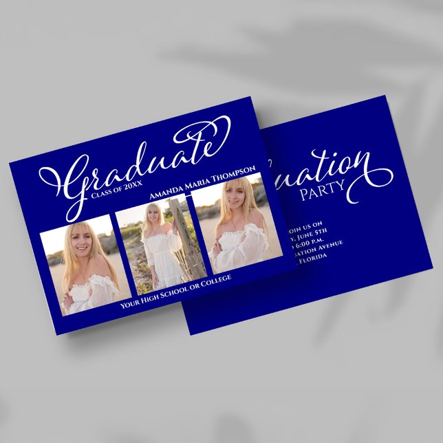 Navy Blue Script Photo Collage Graduation Card (Navy blue script graduation photo collage announcement with three senior portraits.)