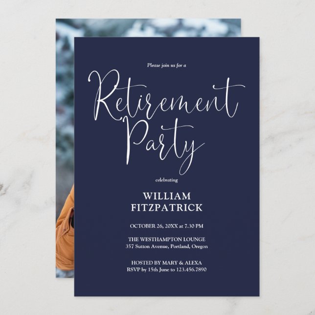 Navy Blue Script Photo Retirement Party Invitation (Front/Back)