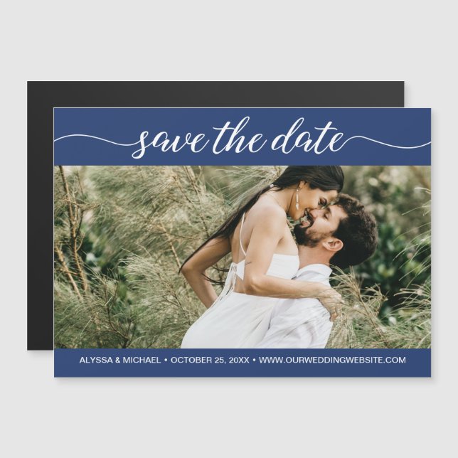 Navy Blue Script Photo Website save the date Magnetic Invitation (Front/Back)
