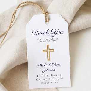 Navy Blue Script Religious Boy First Communion Gift Tags
