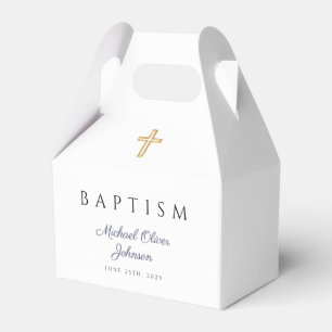 Navy Blue Script Religious Cross Boy Baptism Favor Boxes