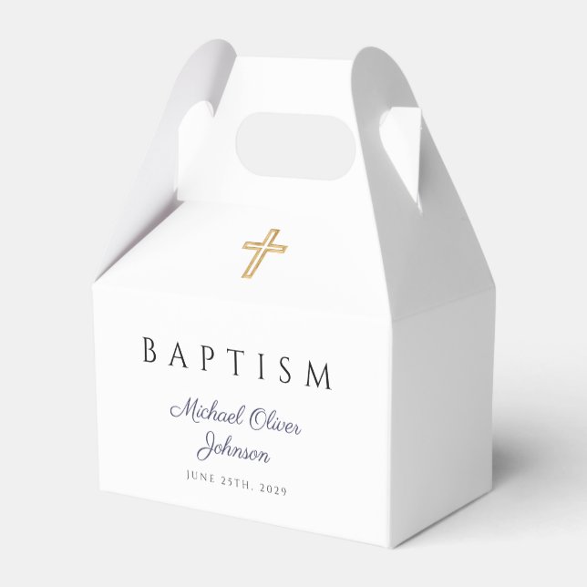 Navy Blue Script Religious Cross Boy Baptism  Favor Boxes (Back Side)
