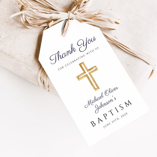 Navy Blue Script Religious Cross Boy Baptism Gift Tags