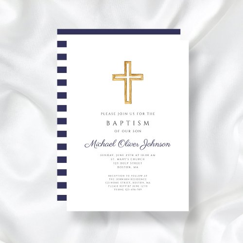 Navy Blue Script Religious Cross Boy Baptism Invitation