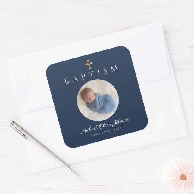 Navy Blue Script Religious Cross Boy Baptism Photo Square Sticker (Envelope)