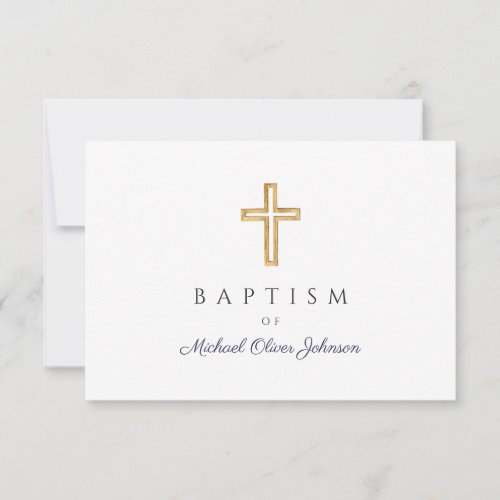 Navy Blue Script Religious Cross Boy Baptism RSVP Card
