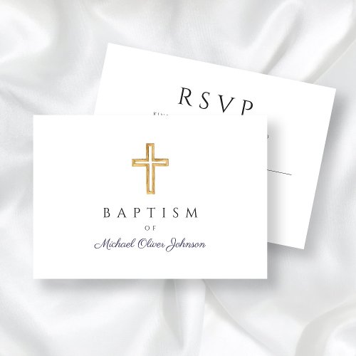 Navy Blue Script Religious Cross Boy Baptism RSVP Card