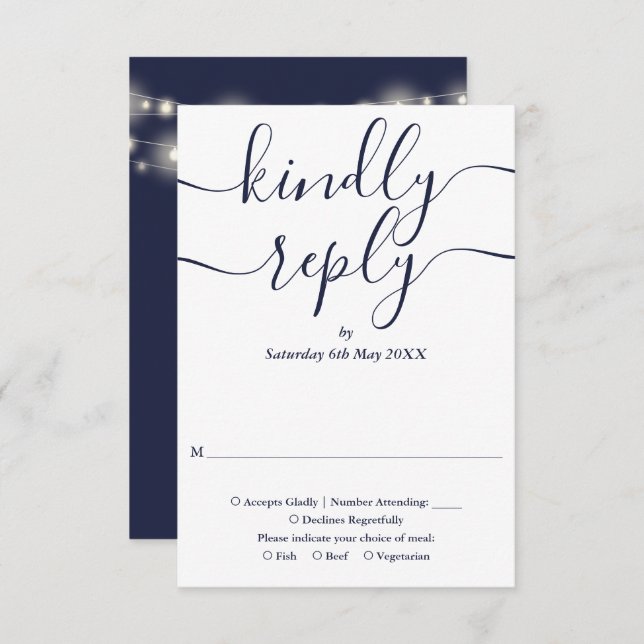 Navy Blue Script String Lights Wedding RSVP Card (Front/Back)