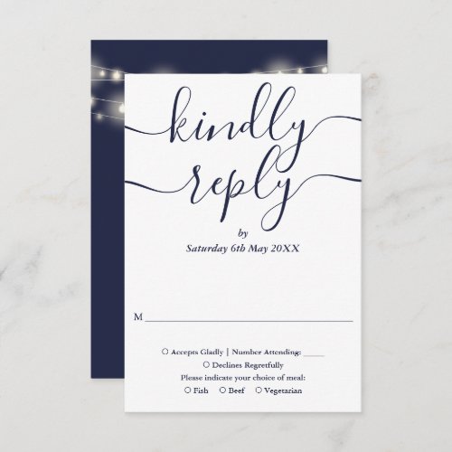 Navy Blue Script String Lights Wedding RSVP Card