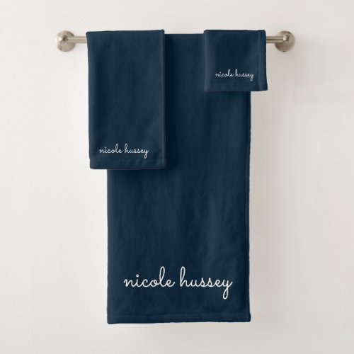 Navy Blue Script   Stylish Monogram Modern Bath Towel Set