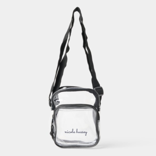 Navy Blue Script | Stylish Monogram Modern Clear Crossbody Bag (Front)