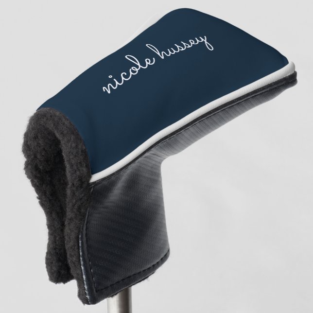 Navy Blue Script  | Stylish Monogram Modern Golf Head Cover (3/4 Front)