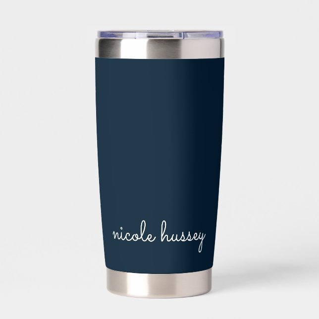 Navy Blue Script | Stylish Monogram Modern Insulated Tumbler (Front)