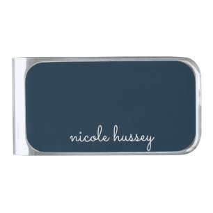 Navy Blue Script Stylish Monogram Modern Silver Finish Money Clip