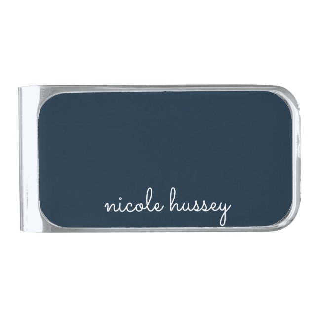 Navy Blue Script | Stylish Monogram Modern Silver Finish Money Clip (Front)