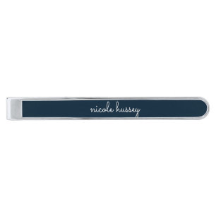 Navy Blue Script   Stylish Monogram Modern Silver Finish Tie Bar
