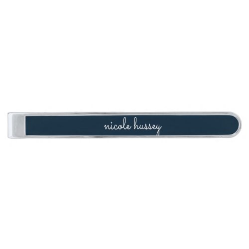 Navy Blue Script  Stylish Monogram Modern Silver Finish Tie Bar