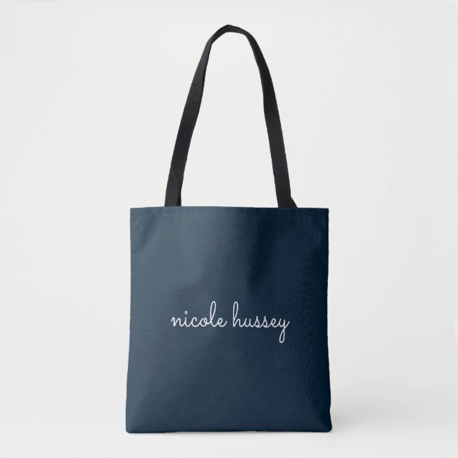 Navy Blue Script  | Stylish Monogram Modern Tote Bag (Front)