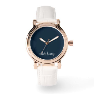 Navy Blue Script Stylish Monogram Modern Watch