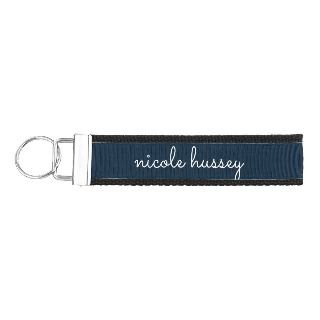 Navy Blue Script  | Stylish Monogram Modern Wrist Keychain (Keys on Left)