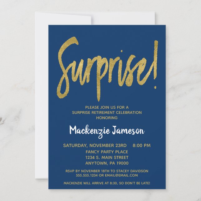 Navy Blue Script Surprise Retirement Invitation (Front)