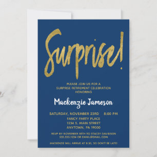 Navy Blue Script Surprise Retirement Invitation