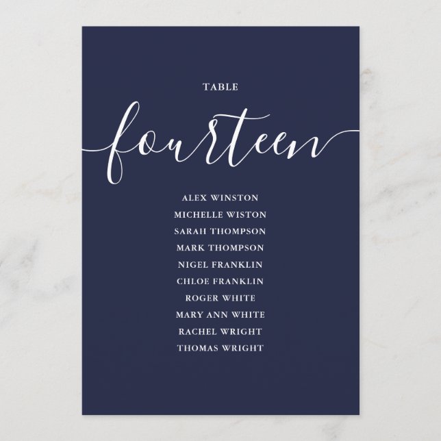 Navy Blue Script Table Number 14 Seating Chart (Front)