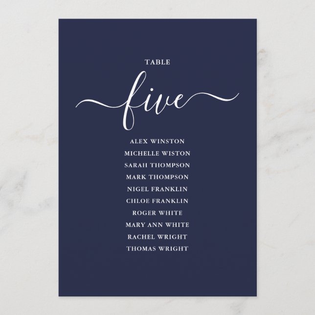 Navy Blue Script Table Number 5 Seating Chart (Front)