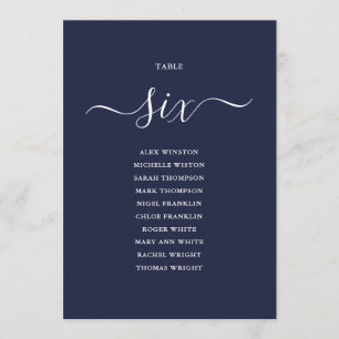 Navy Blue Script Table Number 6 Seating Chart