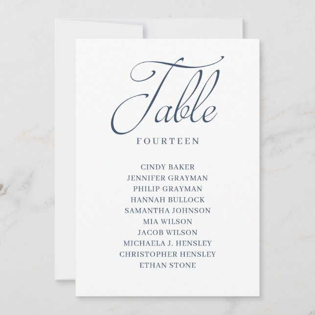 Navy Blue Script Table Number Seating Chart (Front)