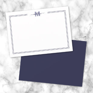 Navy Blue Script Two Border Monogram Note Card