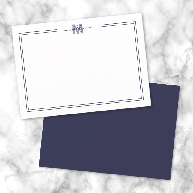 Navy Blue Script Two Border Monogram Note Card (Navy Blue Minimalist Two Border Monogram Note Card)