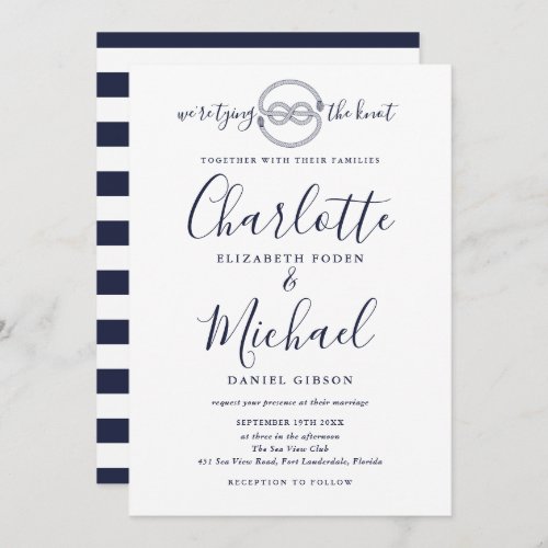 Navy Blue Script Tying The Knot Nautical Wedding Invitation