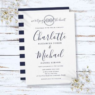 Navy Blue Script Tying The Knot Nautical Wedding Invitation