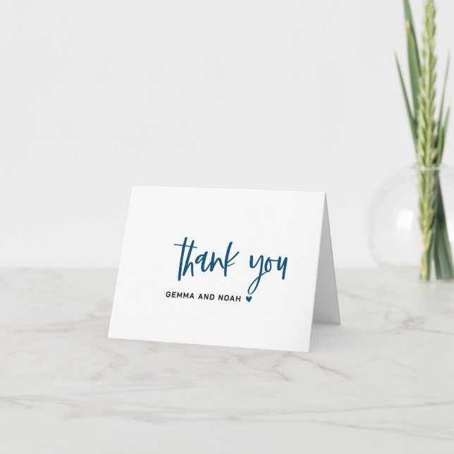 Navy Blue Script Typography Heart Wedding Folded Letterpress Thank You Card (Front)