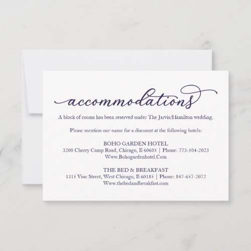 Navy Blue Script Wedding Hotel Accommodations Card