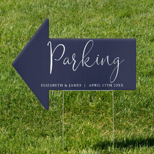 Navy Blue Script Wedding Parking This Way Sign
