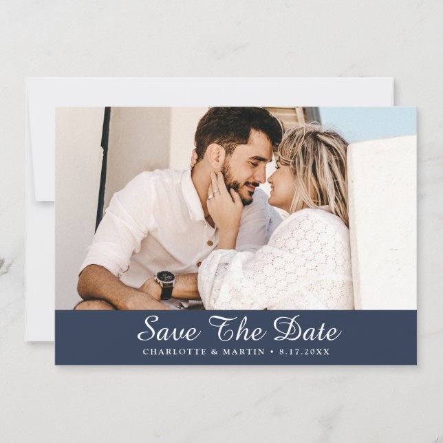Navy Blue Script Wedding Photo Save The Date Cards (Front)