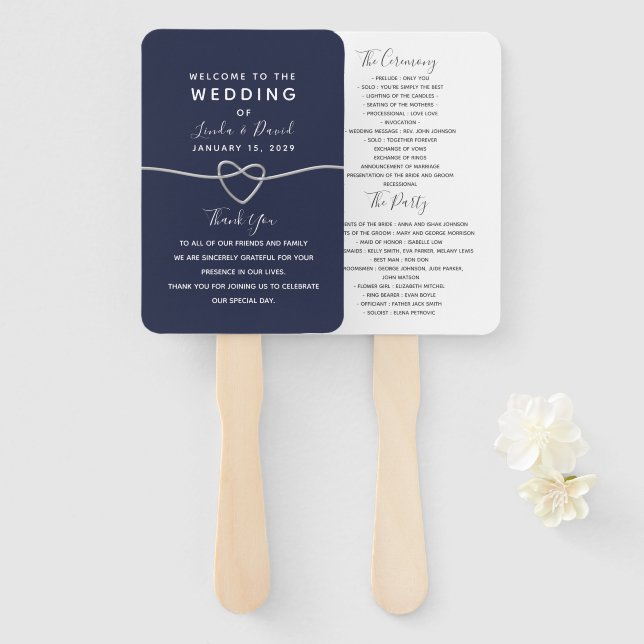 Navy Blue Script Wedding Program Hand Fan (Front and Back)