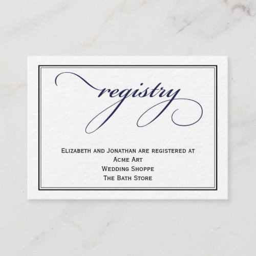 Navy Blue Script Wedding Registry Information Card