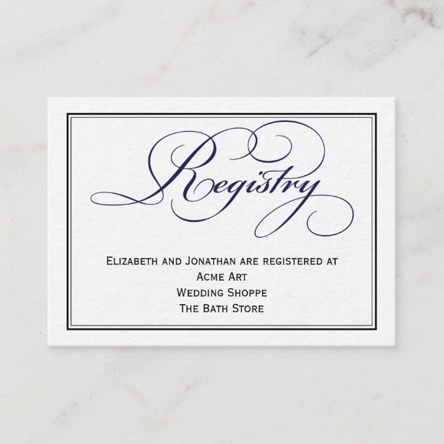 Navy Blue Script Wedding Registry Information Card (Front)