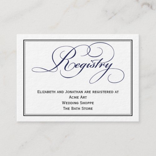 Navy Blue Script Wedding Registry Information Card