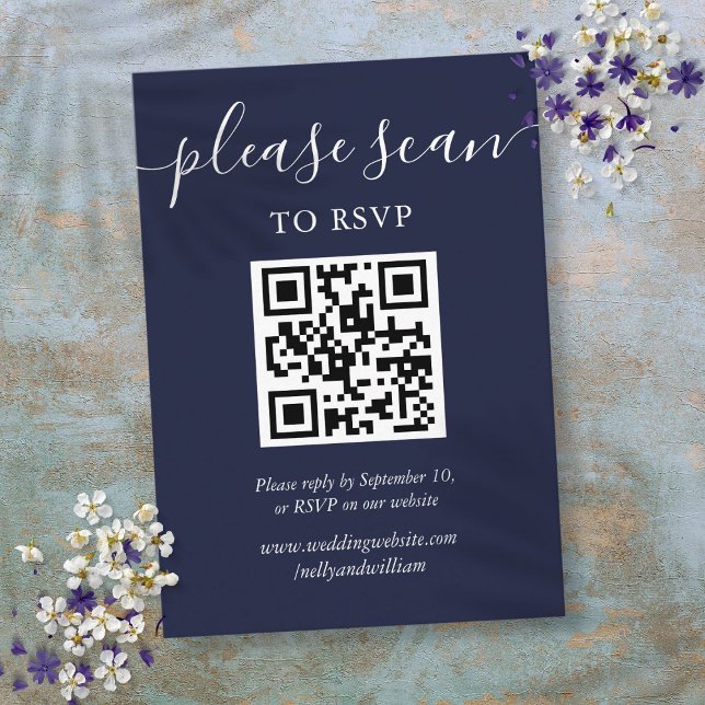 Navy Blue Script Wedding RSVP QR Code Enclosure Card (Navy Blue Script Wedding RSVP QR Code Enclosure Card)