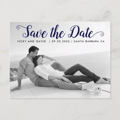 Navy blue script wedding Save the Date photo Postcard