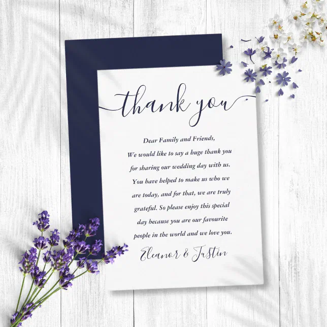 Navy Blue Script Wedding Thank You Place Card | Zazzle